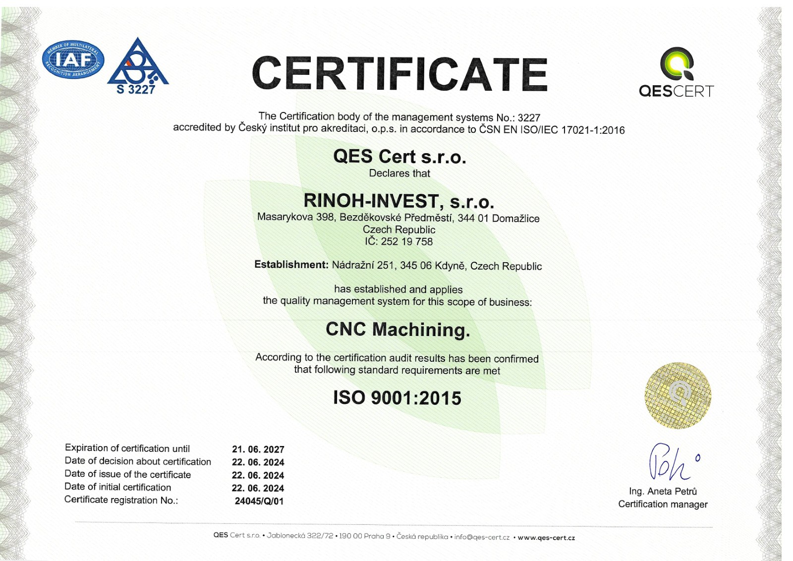 Certificate ISO 9001:2015 – Geltungsbereich CNC Machining, gültig bis 21.06.2027 (englisch)